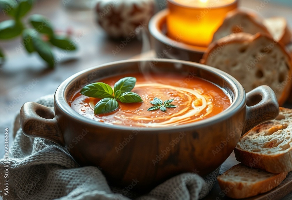 Steaming hot soup, fresh basil, crusty bread, wooden bowl, warm atmosphere Steaming hot soup, fresh basil, crusty bread, wooden bowl, warm atmosphere