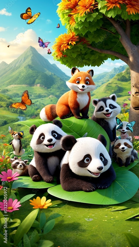 Fototapeta premium A group of panda bears sitting on top of a lush green field.