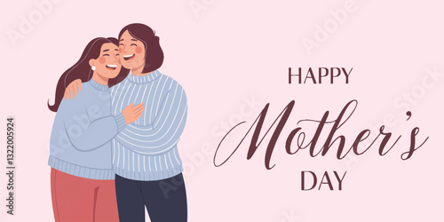 A heartwarming illustration of two women embracing and laughing, perfect for Mother's Day