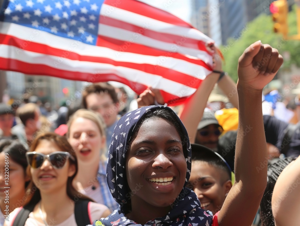 Fototapeta premium Citizens of diverse backgrounds coming together to raise the flag on Flag Day
