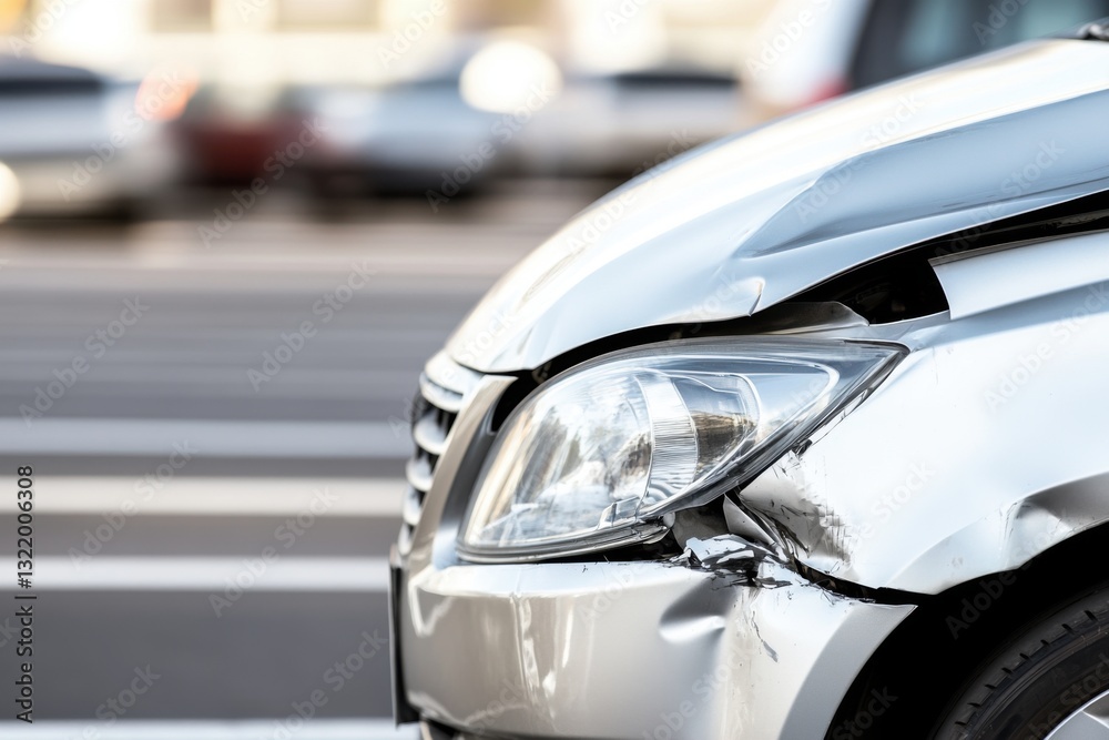 a white car with an accident scratch on the front lamp and wheel, with the focus point in the center a white car with an accident scratch on the front lamp and wheel, with the focus point in the center