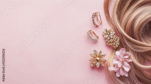 Women's accessories on pink pastel background. Fashionable outfit with golden hair clips and earrings. Fashion and beauty concept