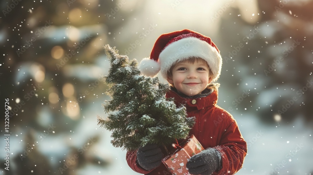 adorable boy with santa claus cap carrying a christmas tree on snow outside, winter time.smiling kid child sitting on tree or holding a gift in hand.celebrate winter holidays,happy new year adorable boy with santa claus cap carrying a christmas tree on snow outside, winter time.smiling kid child sitting on tree or holding a gift in hand.celebrate winter holidays,happy new year
