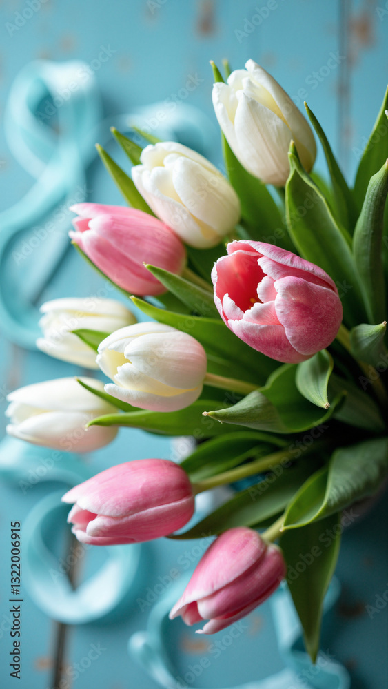Delicate White and Pink Tulips with Pastel Ribbon on Rustic Blue Background - Perfect for Easter Promotions and Spring Celebrations Delicate White and Pink Tulips with Pastel Ribbon on Rustic Blue Background - Perfect for Easter Promotions and Spring Celebrations