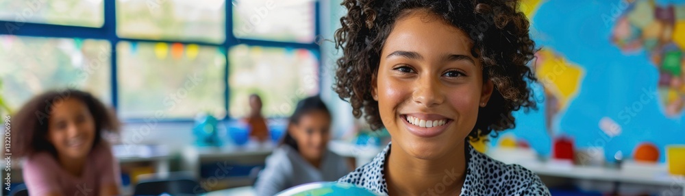 Enthusiastic young teacher smiling with a globe in her classroom Enthusiastic young teacher smiling with a globe in her classroom