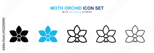 Moth orchid icons vector set in black and blue colors