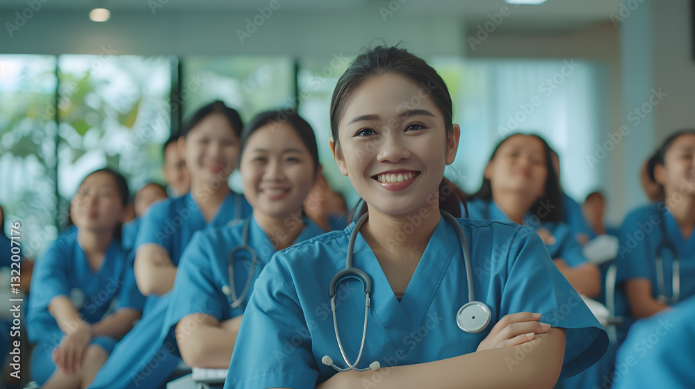 A group of women wearing blue scrubs are sitting in a classroom A group of women wearing blue scrubs are sitting in a classroom