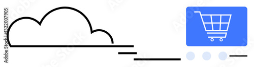 Cloud outline transitions into a digital shopping cart icon, symbolizing e-commerce. Ideal for cloud storage, digital sales, online retail, tech services, cloud computing, innovation, flat simple