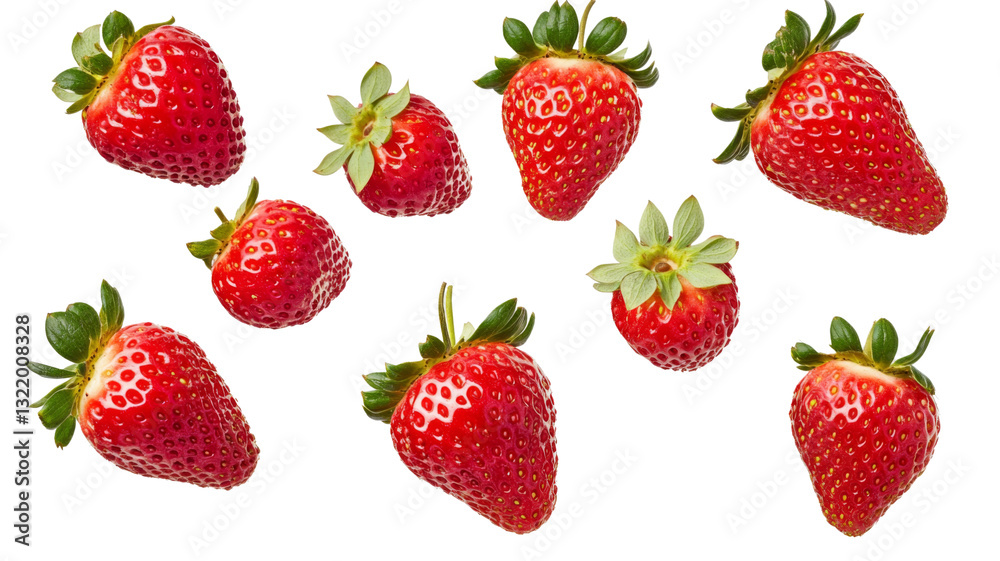Fresh strawberries falling on transparent background