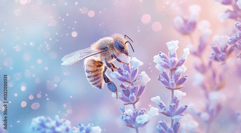 Fototapeta premium Honeybee pollinating lavender flowers in soft light.