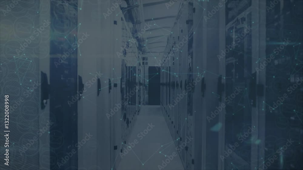 Data network connections animation over server racks in data center Data network connections animation over server racks in data center