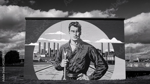 Industrial Mural of a Worker on a Brick Wall