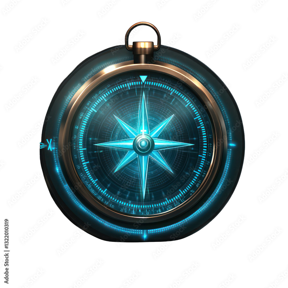 A glowing compass with digital directions, isolated on transparent background A glowing compass with digital directions, isolated on transparent background