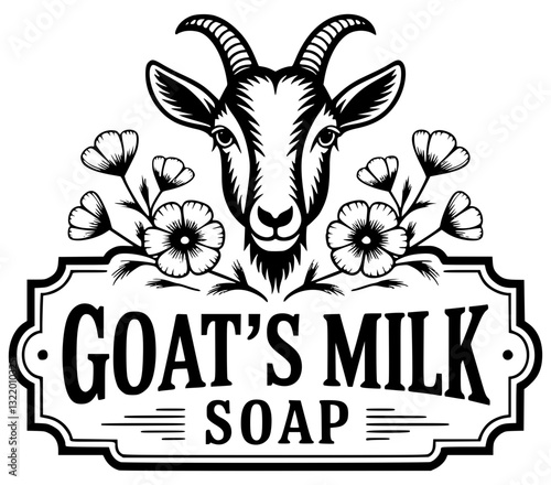 Goat's Milk Soap Farm Stamp Logo Sign Sticker Label Design with Flowers and Goat Face Illustration