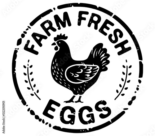 Farm Fresh Eggs Distressed Circle Shape Stamp Logo Sign Sticker Label Design with Chicken Illustration