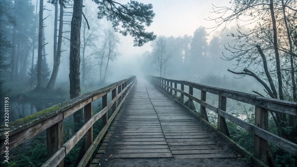 Wooden bridge disappearing into misty forest in early morning Wooden bridge disappearing into misty forest in early morning