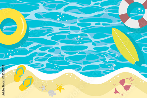 summer card banner with vacation beach paper art background.