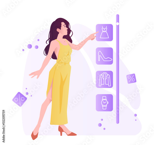 Woman shopping online interface. Vector illustration