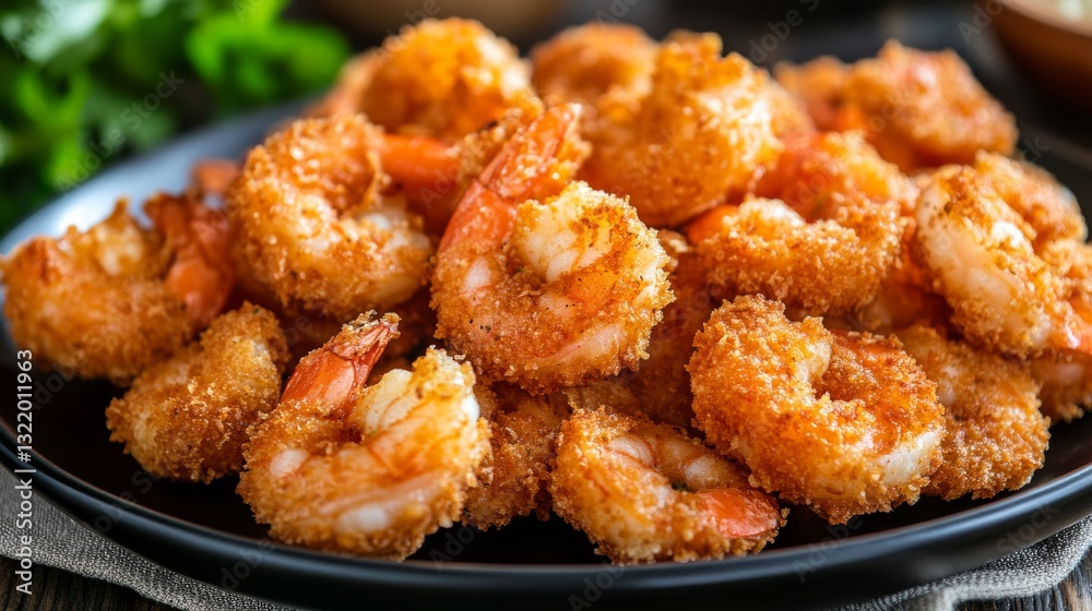 Crispy Breaded Shrimp Appetizer Platter on Black Plate Crispy Breaded Shrimp Appetizer Platter on Black Plate