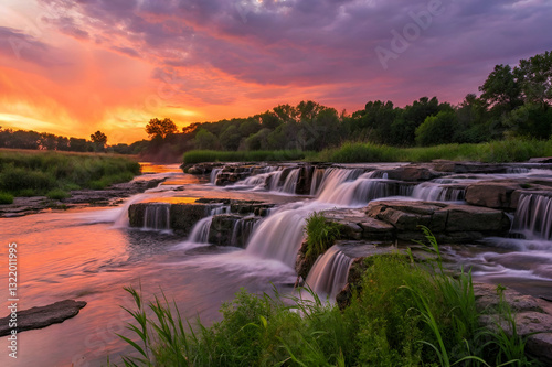 Majestic Sunset Over Cascading Waterfalls in a Serene Natural Landscape with Lush Greenery and Colorful Sky Reflections