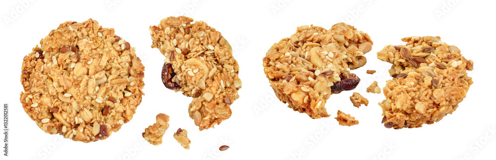 Granola cookie isolated on white background with full depth of field. Top view. Flat lay. Granola cookie isolated on white background with full depth of field. Top view. Flat lay.