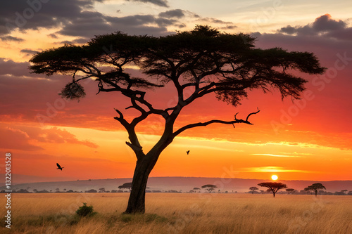 Majestic Sunset Over African Savanna Silhouetting Acacia Tree Against Colorful Sky with Birds in Flight and Golden Grassland Landscape