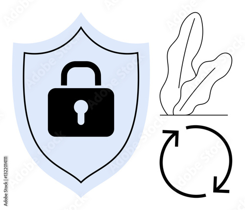 Shield with a lock representing security, paired with refresh arrows and abstract leaves symbolizing renewal and sustenance. Ideal for safety, protection, system update, eco-security, sustainability