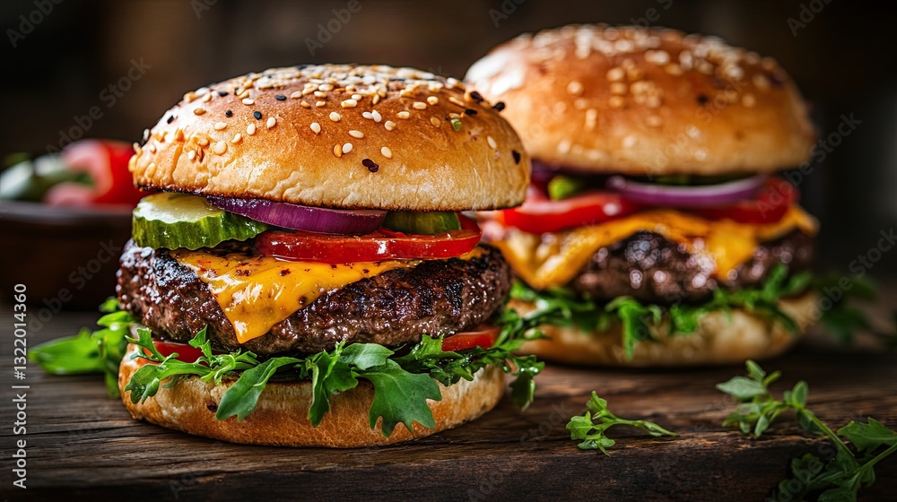 Two delicious homemade burgers made of beef, cheese and vegetables on an old wooden table.