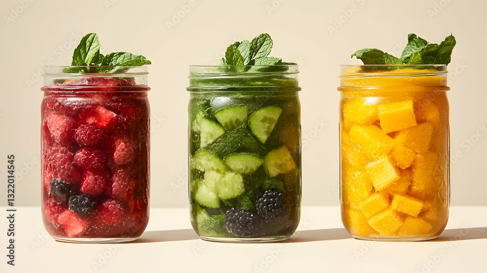 Colorful smoothie jars topped with fruit and mint arranged on a neutral background Colorful smoothie jars topped with fruit and mint arranged on a neutral background