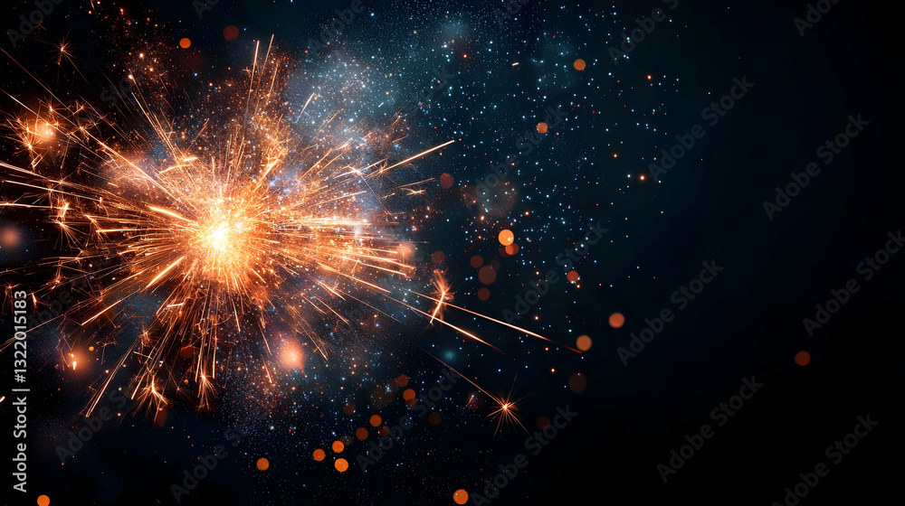 Fototapeta premium Bright Orange Sparkler Exploding Against A Dark Black Night Sky With Twinkling Golden Particles