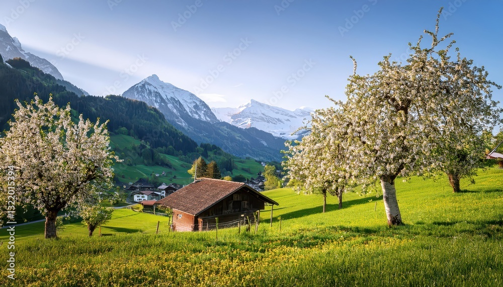 Bursting Blossoms of Spring Vibrant Apple Trees Painted against the Backdrop of an Enchanting Swiss Village, Capturing the Essence of a Picturesque Landscape in Blooming Splendor. Bursting Blossoms of Spring Vibrant Apple Trees Painted against the Backdrop of an Enchanting Swiss Village, Capturing the Essence of a Picturesque Landscape in Blooming Splendor.