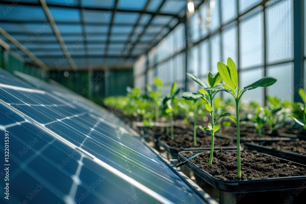 Fototapeta premium Solar panels on the roof of a greenhouse, plants in pots, close-up, photo for a magazine cover