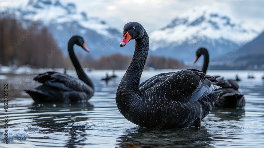 Fototapeta premium Black swans lake, snowy mountains background, wildlife, nature