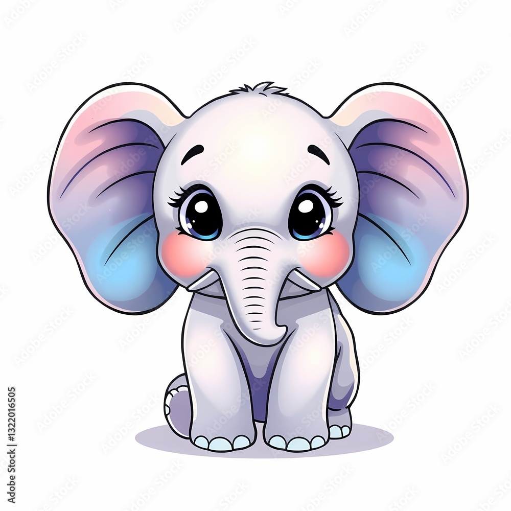 Fototapeta premium Cuddly Cartoon Elephant: A charming cartoon illustration of a baby elephant with large, expressive eyes, sitting cutely.