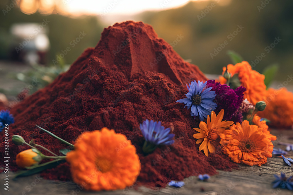 Vibrant mound of red powder nestled among colorful flowers in a natural setting during sunset, showcasing beauty, color, and nature's simplicity