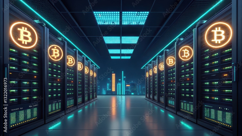 Fototapeta premium Business Finance Investment concept High-tech data center featuring illuminated Bitcoin symbols and server racks.