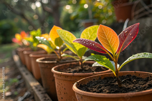 Vibrant Young Plants Growing in Terracotta Pots, Showcasing Autumn Colors and Glorious Sunlight in a Scenic Garden Setting