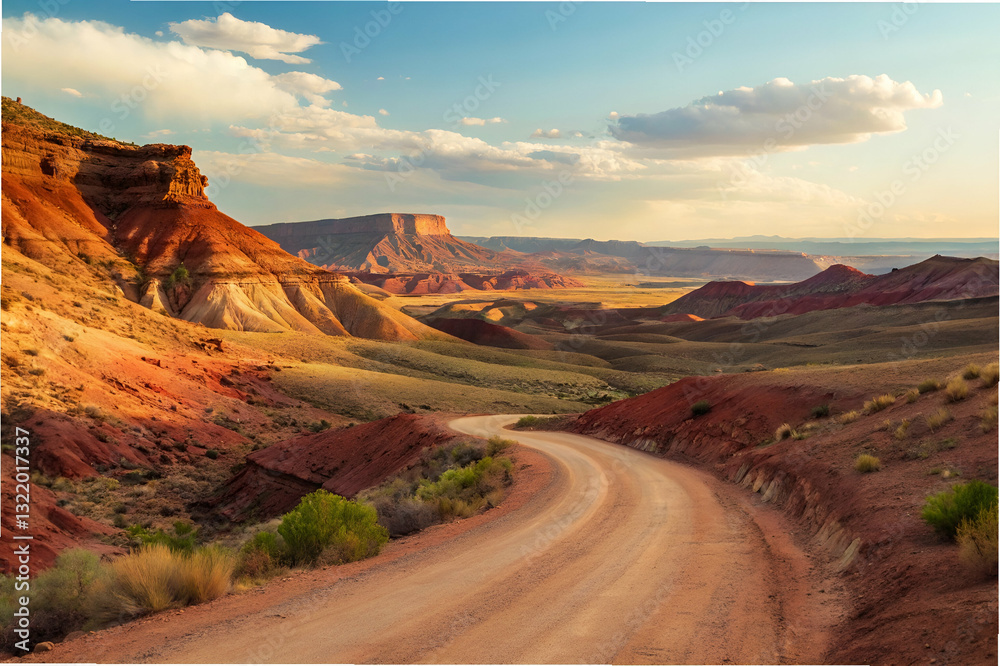 Scenic Dusty Road Winding Through Colorful Desert Landscape Under Bright Blue Sky with Fluffy Clouds and Majestic Rocky Formations in Background