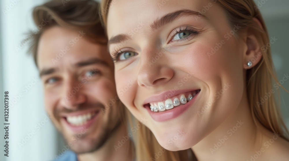 Bright smiles illuminated by clear braces shine in modern dental office during a dental checkup session Bright smiles illuminated by clear braces shine in modern dental office during a dental checkup session