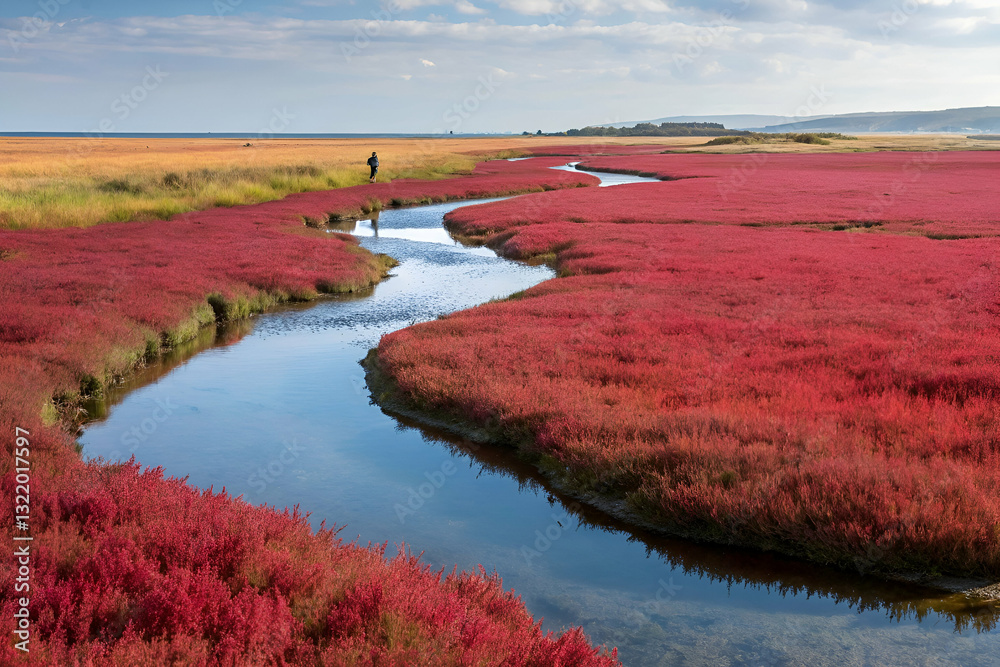 Vibrant Red Marshland Landscape with River Meandering Through Green Grass Under Blue Sky and Clouds at Golden Hour, Natural Scenic Beauty