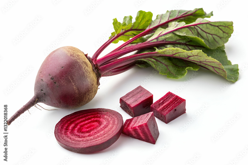 Fresh beetroot with leaves and sliced pieces showcasing vibrant purple color and unique shape on a white background for healthy food concepts