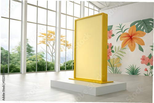 Modern exhibition space featuring yellow display stand, bright flowers, and large windows inviting natural light, ideal for showcasing art or products