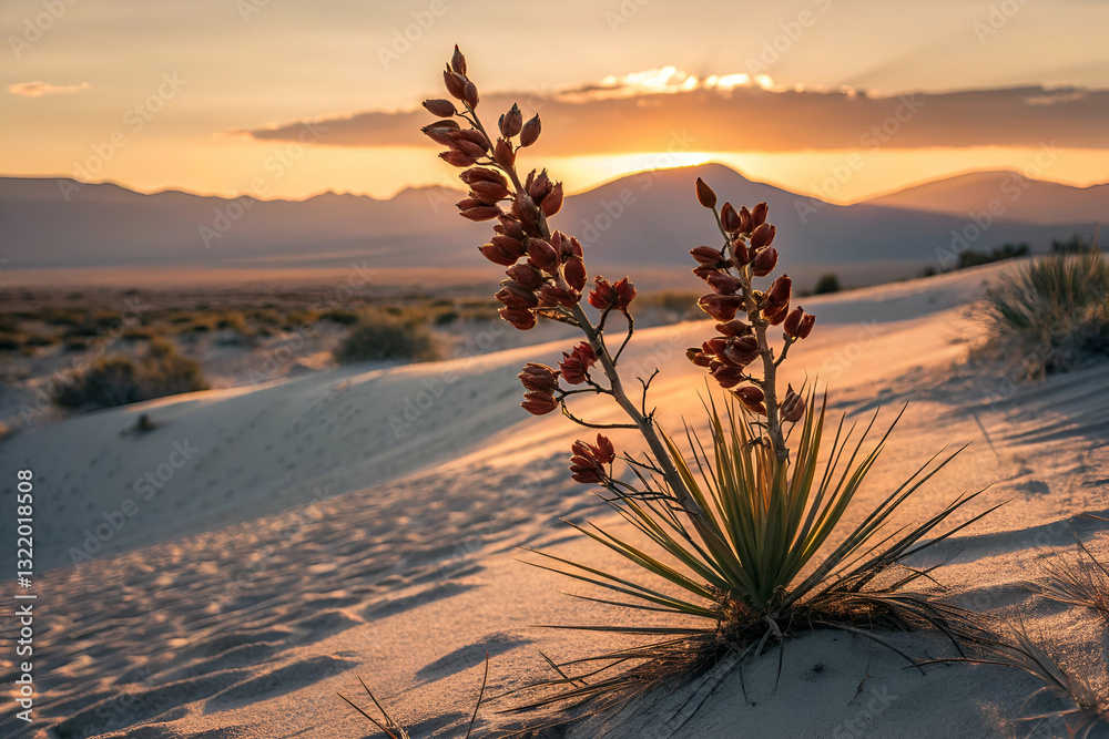 Serene Desert Sunset With Unique Plant Silhouette Against Mountain Landscape and Warm Glowing Sky in Golden Hour Lighting