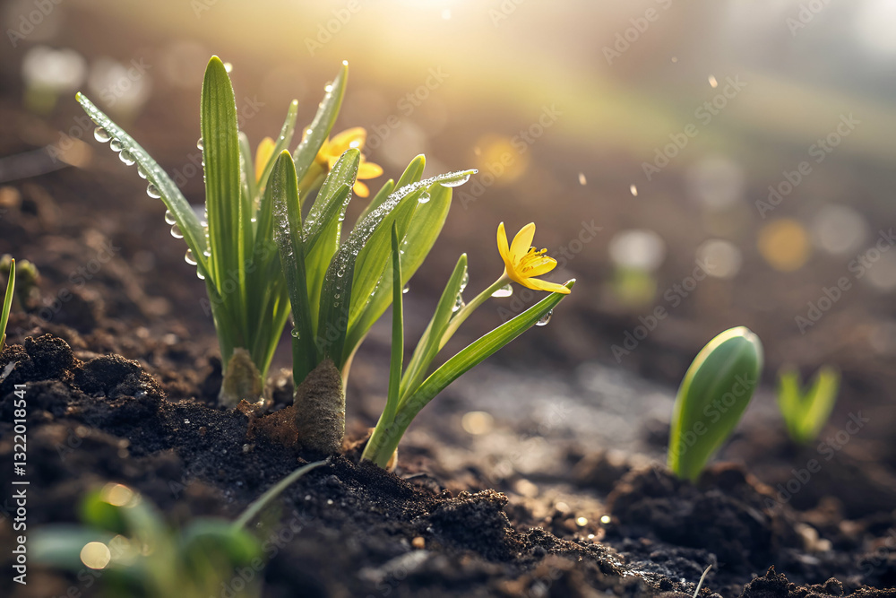 Fresh Spring Flowers Blooming in Morning Light with Dew Drops on Petals Welcoming the Bright Sunlight in a Lush Garden Setting