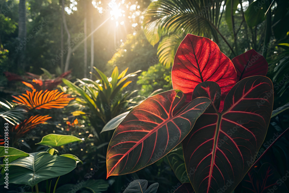 Vibrant Tropical Foliage in Sunlight with Rich Colors Showcasing Nature's Beauty in a Lush Green Garden Setting