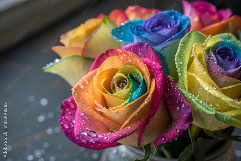 Vibrant Rainbow Roses with Dew Drops on Petals Showcasing Nature's Colors Celebrating Floral Beauty and Freshness in a Rustic Setting