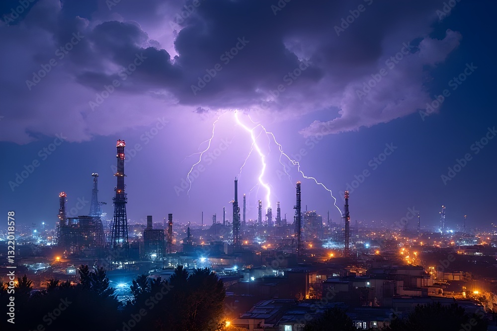Fototapeta premium Powerful Lightning Strikes Industrial Complex at Night