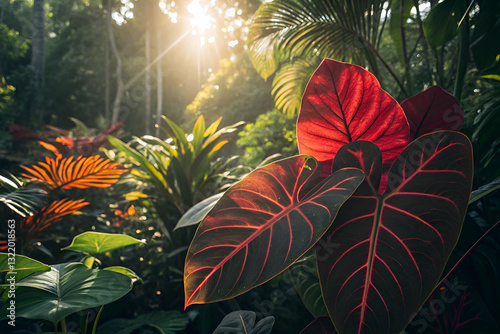 Obraz na płótnie Vibrant Tropical Foliage in Sunlight with Rich Colors Showcasing Nature's Beauty in a Lush Green Garden Setting w salonie