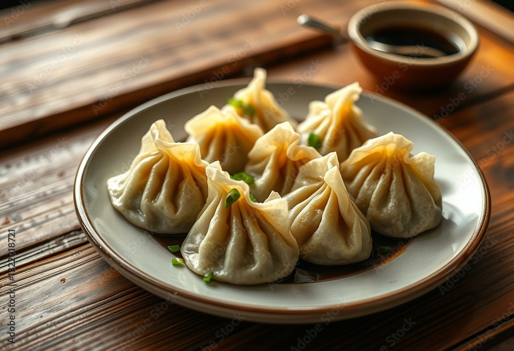 Steaming plate of pan-seared dumplings with soy sauce and scallions Steaming plate of pan-seared dumplings with soy sauce and scallions