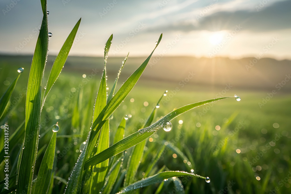Sunlight Glimmers on Dewy Grass Blades in a Serene Landscape with Soft Focus Background and Gentle Horizon at Dawn
